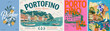 © T-elle - Portofino vector poster set with Italian Riviera harbor, pastel village, sailboats, lemons, flowers and bold typography for Mediterranean travel and summer decor.