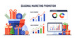 © VisuaLush - Seasonal marketing promotion concept with gift boxes, sales strategy charts, and e-commerce analytics for holiday business growth and festive campaigns.
