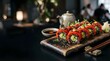 © Nathancole - Fresh tuna avocado sushi rolls on wooden platter in restaurant setting