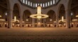 © Khaisan - A large beautiful large  mosque with mosque with many lights and big chandeliers and many arches and  and a huge dome and spacious empty spaces and  and beautiful carpeted floor