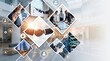 © James - Business network collage with team meeting, handshake deal, city skyline and server technology connected by digital lines for corporate success concept