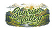 © fadilkaizco - Sunrise Valley hand drawn vintage typography illustration with mountain landscape.