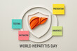 © Chanita - World Hepatitis Day concept with liver symbol inside health shield surrounded by colorful awareness tags on prevention, vaccination, testing