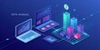 © Unique BG Stock - Isometric data analysis dashboard with laptops and glowing bar charts showing financial growth