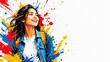 © Christelle - A happy young woman smiling while wearing a denim jacket on a white background with vibrant colorful paint splashes and ink drops, symbolizing creativity and joy. copy space on the right