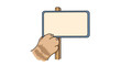 © Rifat - Cute illustration of a furry cat paw holding up a small blank wooden sign board with a blue border for custom text messages.