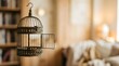© Isabellafaith - Vintage open bird cage hanging in a cozy sunlit room with library background