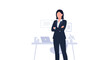 © Violet - A professional woman stands with crossed arms in a minimalist office setting, wearing a dark navy business suit and a white shirt.