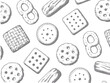 © Lisa_Stock - 白い背景に描かれたスケッチ風のビスケットとクラッカーのパターン