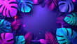 © olivemango - Neon tropical background with vibrant monstera leaves and copy space