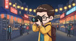© effort - Chibi male character wearing glasses and yellow jacket using a digital camera at a nighttime street market featuring red lanterns, market stalls, and background people.