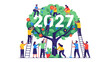 © Md - Cultivating Future Growth: A vibrant illustration depicting a community of people working together to nurture a tree adorned with the year 2027.