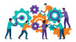© MopoWe - Business synergy between diverse professionals optimizing gear systems in flat vector for corporate operations