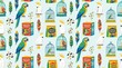 © Володимир Кучмійов - Exotic Parrot and Cockatoo Seamless Pattern with Bird Cages Feathers Seeds and Tropical Pet Food Packaging