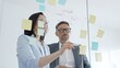 © volha_r - Business colleagues collaborating on strategy, planning, and brainstorming, creating a workflow diagram with sticky notes on a clear glass wall in a modern office