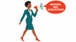 © Rekalma - Businesswoman announcing mergers and acquisitions with megaphone.