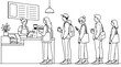 © Sundas - Cafe queue vector illustration for coffee shop poster with customers waiting black outline