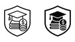 © Saijid - Graduation cap inside protective shield with stack of coins representing financial security for education and student loan insurance or investment protection concepts in vector icon style