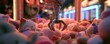 © Rifqi - A robotic claw hovers above a colorful pile of plush toys, featuring a cute sleeping cat in an arcade setting, concept for gaming promotions, childhood joy and leisure entertainment