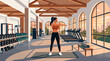 © valir - A fit woman in sportswear stretches her arm in a contemporary, well-equipped gym, preparing for exercise while promoting a healthy and active lifestyle.