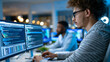 © Nataliya - Anonymous DevOps engineer pushing a code deployment pipeline on a large monitor while a cloud architect observes the build metrics dashboard, CI/CD concept, faceless, defocused,