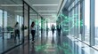 © horizon - Modern corporate hallway with sleek glass walls and highly reflective floors, enhanced by futuristic glowing emerald green data overlays.