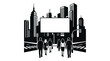 © Rohimimon - Group of business people walking towards a large blank billboard in a city.