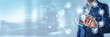 © Theyone - Innovation Technology, Businessman touching innovation technology platform and networking data, futuristic digital transformation, smart business automation, advanced corporate solutions concept