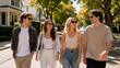 © Vyatcheslav - Group of four young friends walking together on a suburban street. Smiling men and women in casual clothes and sunglasses enjoying a sunny day outdoors