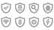 © welcome saiful - Security and Technology Shield Icons Featuring Check Mark Lock Fingerprint Gear and Lightning Bolt Protection Symbols vector design