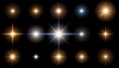 © noonekoon - Golden glowing light flare spark elements on black background 黒背景に輝くゴールドの光フレアとスパークの抽象背景イラスト素材セット