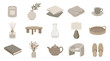 © Marina.Gallery - Quiet luxury home objects vector icon collection with designer candle ceramic vase linen pillow cashmere blanket artisan teapot olive branch and elegant interior decor elements