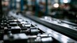 © Thares2020 - A dynamic view of a heavy industrial assembly line featuring moving metal parts with strong glinting reflections and dramatic shadows