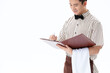 © VuLanMy - Smiling waiter taking order with clipboard and menu on white background