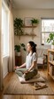 © Ирина Батюк - Young woman sitting in a tranquil home, practicing yoga meditation for mental wellness, peaceful deep breathing, spiritual balance, serene atmosphere, healthy lifestyle, self care