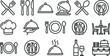© Rakib - Restaurant and catering services vector line icon set featuring cutlery forks knives spoons plates chef hat cloches and dining tables