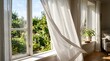 © Linda - Gentle breeze wafting white curtains by sunlit window overlooking lush green garden