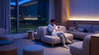 © Anastasiya - Father cradles newborn while toddler sleeps on sofa in quiet airport lounge at night showing family travel care patience layover fatigue  caring parenthood airport journey in transit care