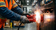 © NovaPixel - Industrial worker connects heavy duty plug with sparks flying at warehouse power outlet safety precautions needed.