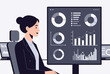 © Alastair - Professional businesswoman analyzing multiple data charts and financial metrics on a large computer screen in her office.