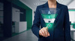 © remake - Businesswoman in a suit touches a sales funnel interface inside a modern office. Marketing strategy visualizes customer conversion, lead generation, and revenue growth through digital business process