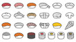 © GW - Assorted sushi and rolls colorful icons on white base.