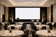 © Formoney - Elegant conference hall with circular chandelier. Tables set for formal event with white linens. Large screen dominates the back wall. Dark curtains frame the screen and stage