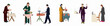 © Dian - Flat illustration set of diverse characters in formal suits preparing for a romantic dinner celebration, featuring hearts, candles, flowers, and wine.