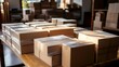 © SoulGTX - Distribution warehouse background, commercial shipping order boxes for dispatching on stockroom table, post courier delivery package, dropshipping commerce retail store shipment storage concept.