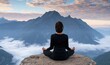 © oksa_studio - Meditation and yoga on a mountain cliff at sunrise for peace and nature wellness