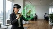 © Olga Ко - Concept ESG et RSE : Femme d'affaires en casque de réalité mixte interagissant avec un hologramme de jumeau numérique sur l'économie circulaire et le développement durable