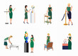 © Sabrina - Collection of flat vector illustrations depicting elegant women using credit cards in high-end shopping, social, and cultural settings.