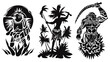 © lestari - Three black silhouette figures, each depicting a warrior or person in tribal attire, with nature elements