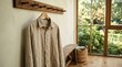 © GenerativeAIpicture - Casual linen shirt hanging on wooden rack in bright room